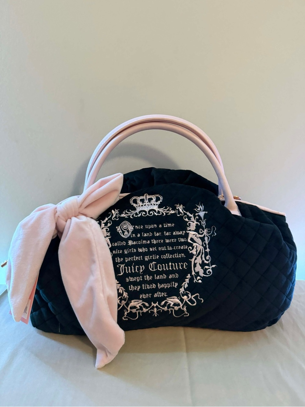 Juicy Couture Black Quilted Satchel with Pink Bow Accent